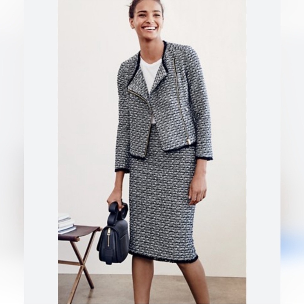 J. Crew Women's Black/White Tweed Moto Zip Blazer Jacket Long Sleeve Size 6